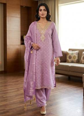  purple embroidered v-neck unstitched dress material with shimmer dupatta 1