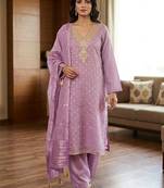  purple embroidered v-neck unstitched dress material with shimmer dupatta