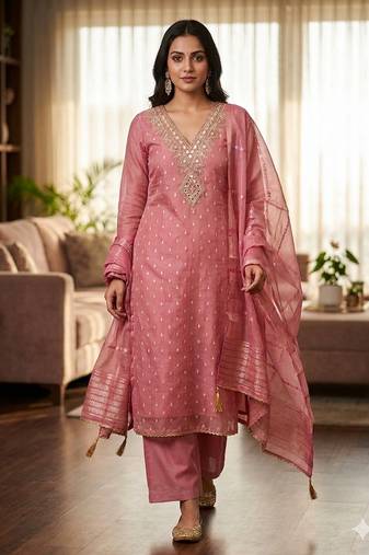  pink embroidered v-neck unstitched dress material with shimmer dupatta