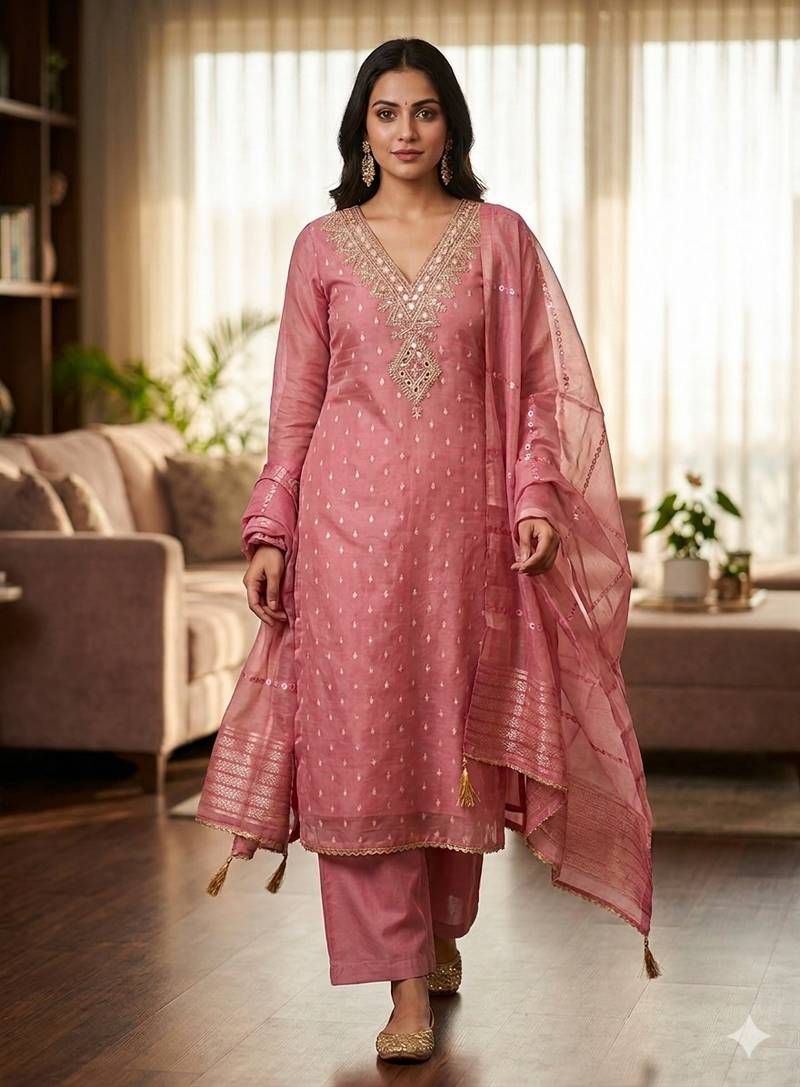  pink embroidered v-neck unstitched dress material with shimmer dupatta