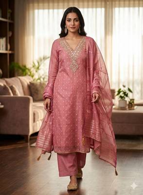  pink embroidered v-neck unstitched dress material with shimmer dupatta 1