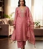  pink embroidered v-neck unstitched dress material with shimmer dupatta