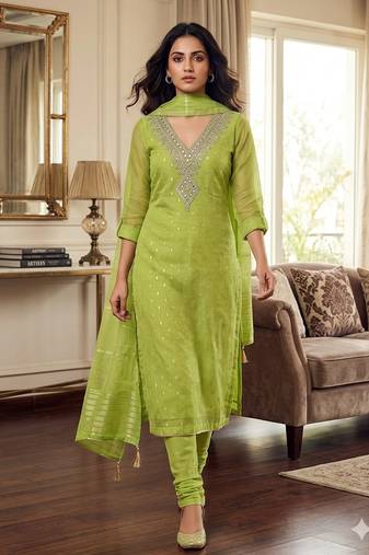 light green embroidered v-neck unstitched dress material with shimmer dupatta