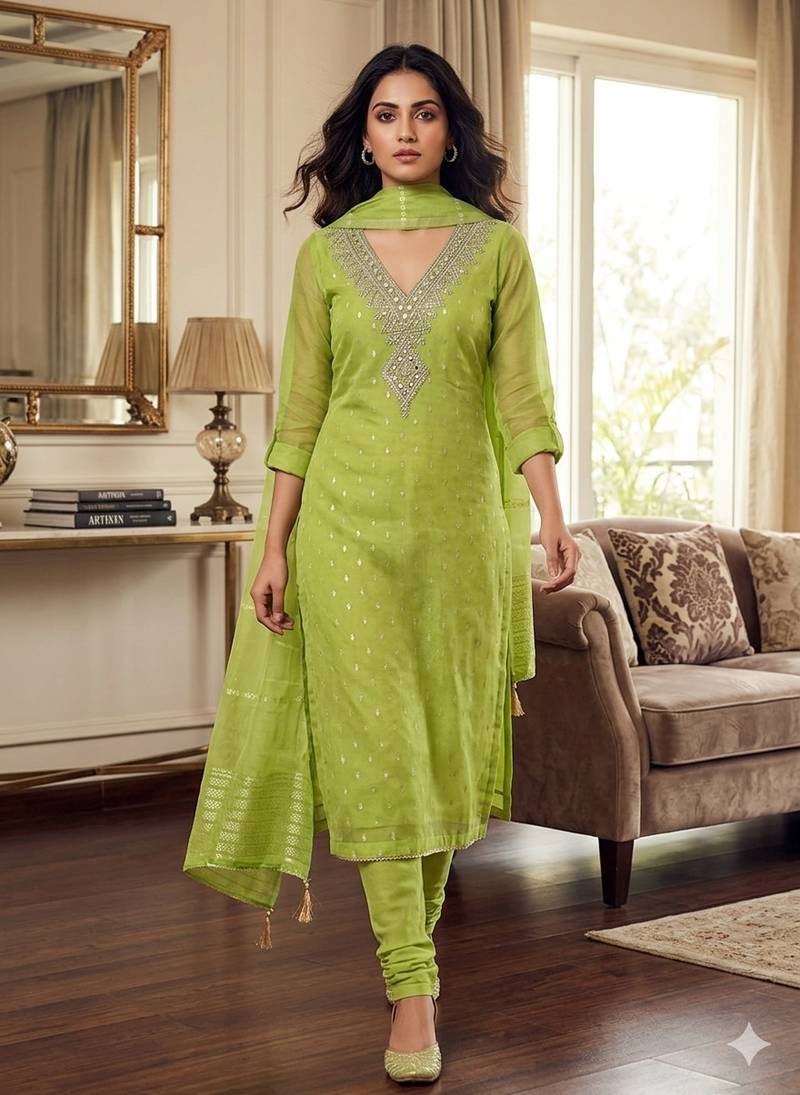  light green embroidered v-neck unstitched dress material with shimmer dupatta