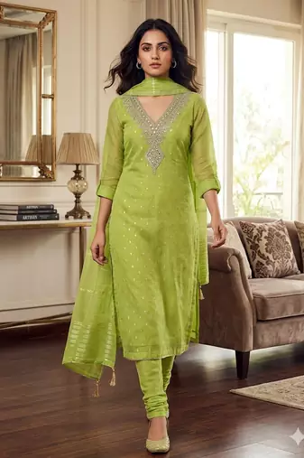  light green embroidered v-neck unstitched dress material with shimmer dupatta