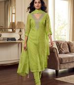  light green embroidered v-neck unstitched dress material with shimmer dupatta
