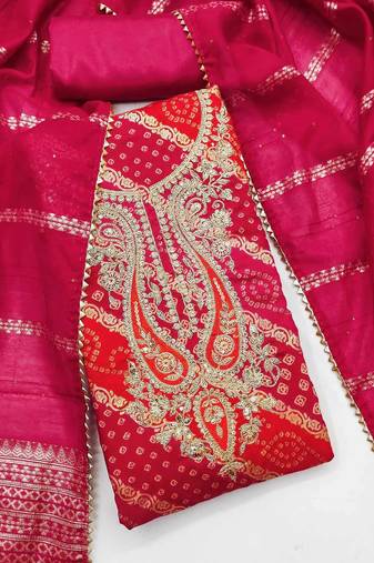 rani pink bandhani print embroidered unstitched dress material