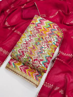 red chevron print embroidered unstitched dress material 3