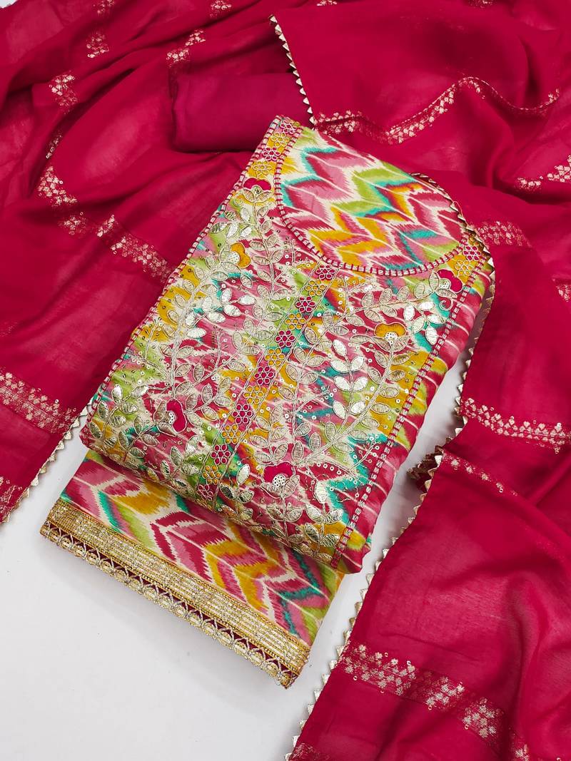 red chevron print embroidered unstitched dress material