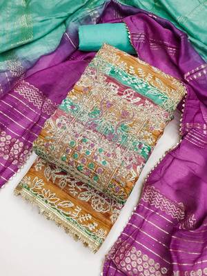 multi-coloured embroidered roman print unstitched dress material 5