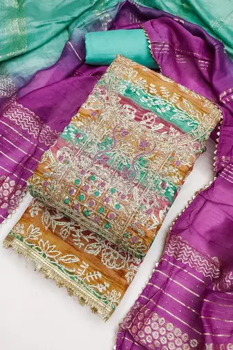 multi-coloured embroidered roman print unstitched dress material