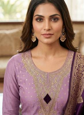  lilac & dark purple embroidered unstitched dress material with banarasi dupatta 2