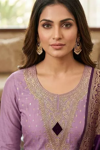  lilac & dark purple embroidered unstitched dress material with banarasi dupatta