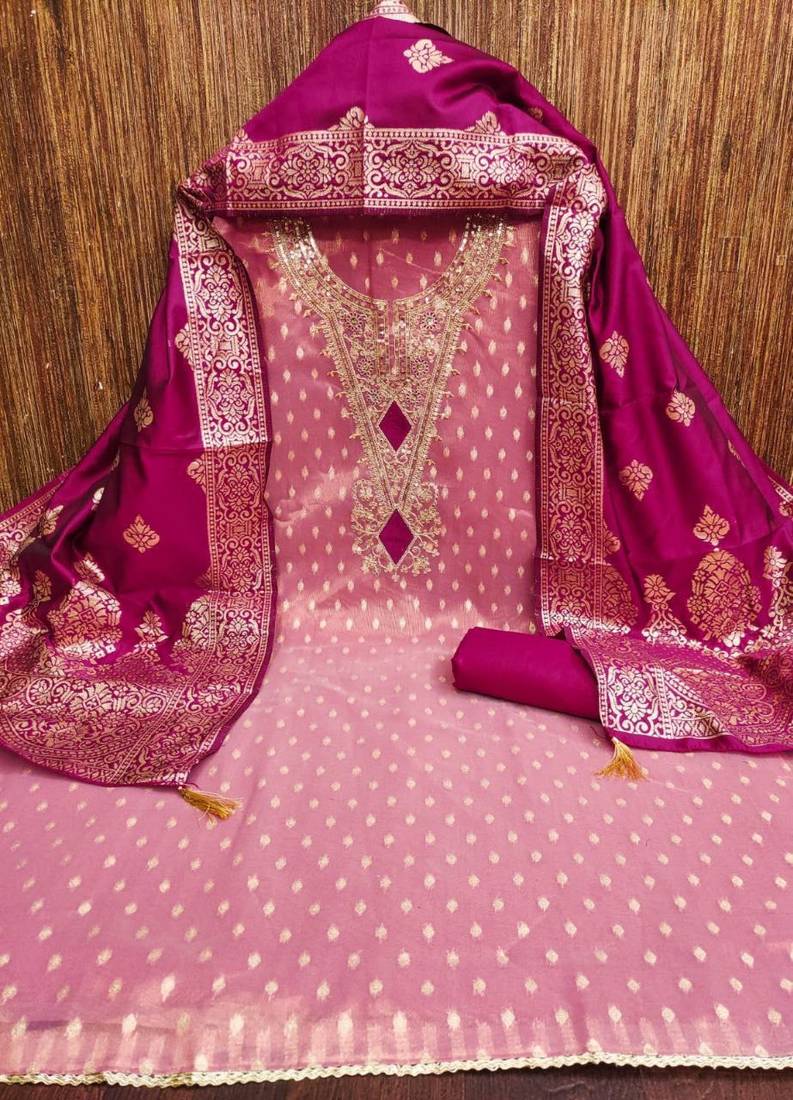  rose pink & magenta embroidered unstitched dress material with banarasi dupatta