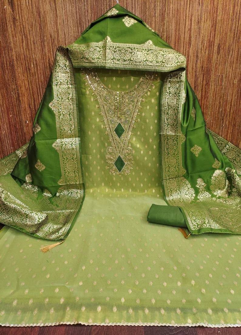  light green & dark green embroidered unstitched dress material with banarasi dupatta