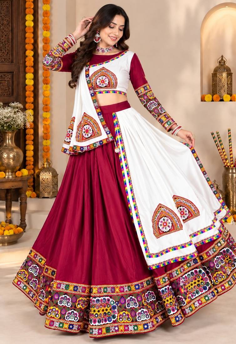 Maroon Color Kutch Work Lehenga With Kutch Work Blouse For Navratri