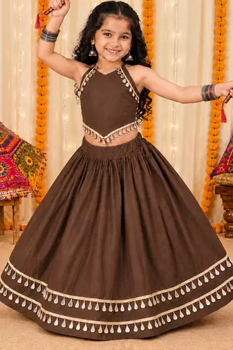 Premium roman silk brown girls lehenga choli for navratri