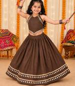 Premium roman silk brown girls lehenga choli for navratri