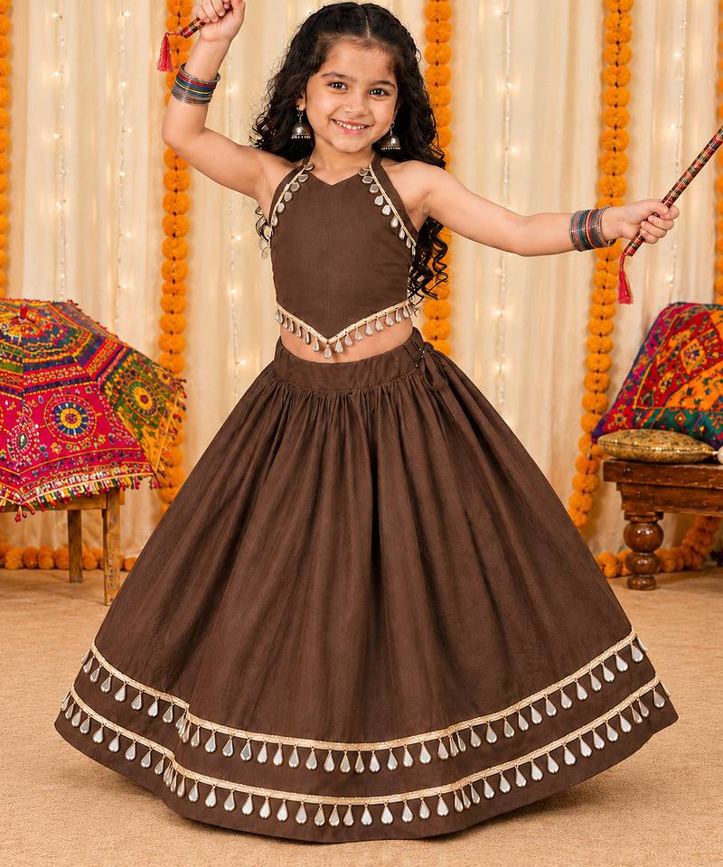 Premium roman silk brown girls lehenga choli for navratri