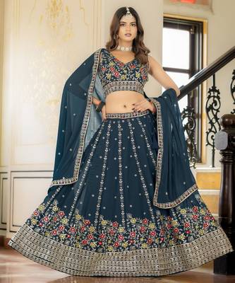Rama Georgette Embroideried Lehenga Choli Set  1
