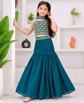 teal blue bits work vichitra silk fish cut lehenga choli for wedding 1