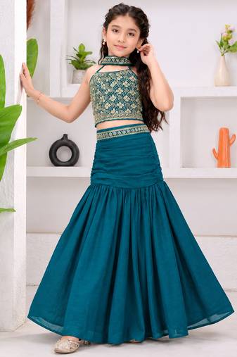 teal blue bits work vichitra silk fish cut lehenga choli for wedding