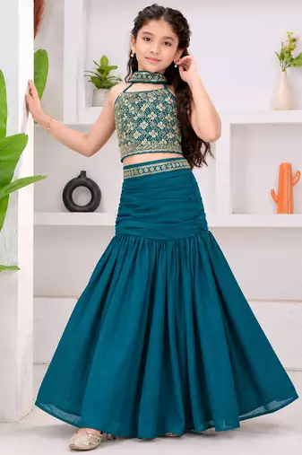 teal blue bits work vichitra silk fish cut lehenga choli for wedding