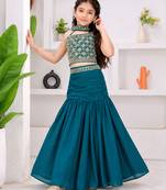 teal blue bits work vichitra silk fish cut lehenga choli for wedding
