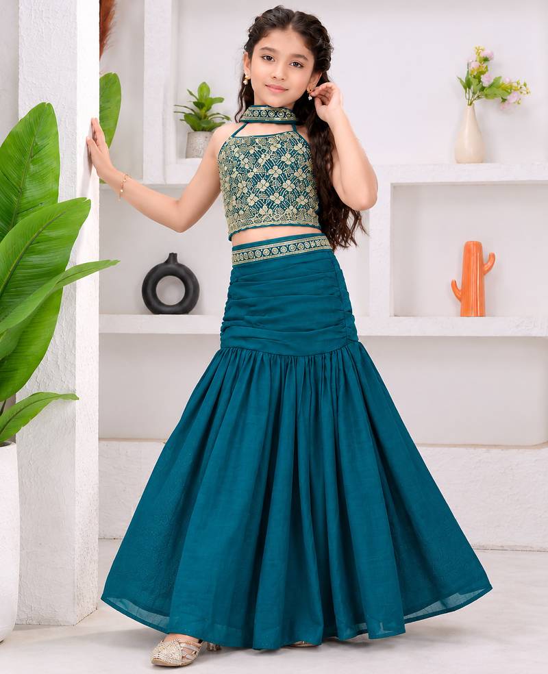 teal blue bits work vichitra silk fish cut lehenga choli for wedding