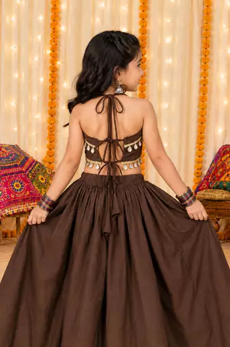 Premium roman silk brown girls lehenga choli for navratri