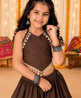 Premium roman silk brown girls lehenga choli for navratri 4