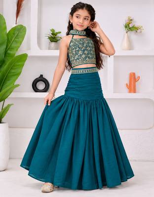 teal blue bits work vichitra silk fish cut lehenga choli for wedding 2