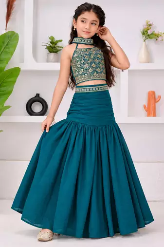 teal blue bits work vichitra silk fish cut lehenga choli for wedding