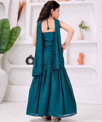 teal blue bits work vichitra silk fish cut lehenga choli for wedding 3