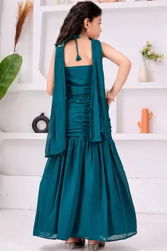 teal blue bits work vichitra silk fish cut lehenga choli for wedding