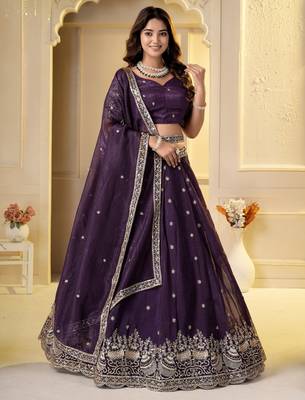 Wine Crunchy Silk Embroidered Lehenga Choli Set  1