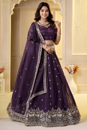 Wine Crunchy Silk Embroidered Lehenga Choli Set 