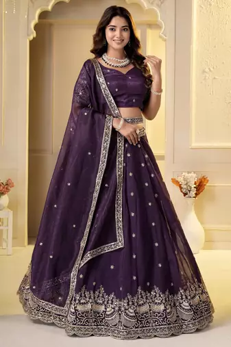 Wine Crunchy Silk Embroidered Lehenga Choli Set 
