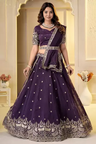 Wine Crunchy Silk Embroidered Lehenga Choli Set 