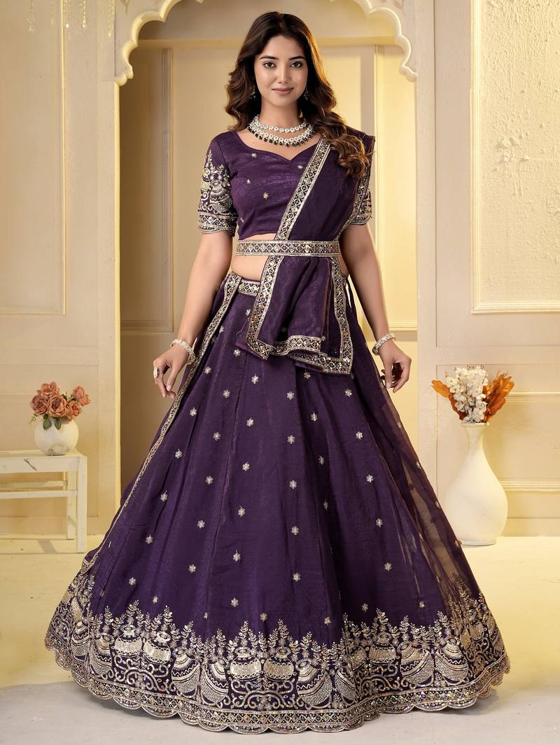 Wine Crunchy Silk Embroidered Lehenga Choli Set 