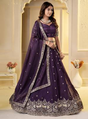 Wine Crunchy Silk Embroidered Lehenga Choli Set  3