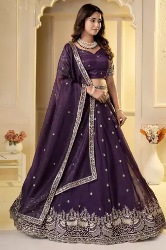 Wine Crunchy Silk Embroidered Lehenga Choli Set 