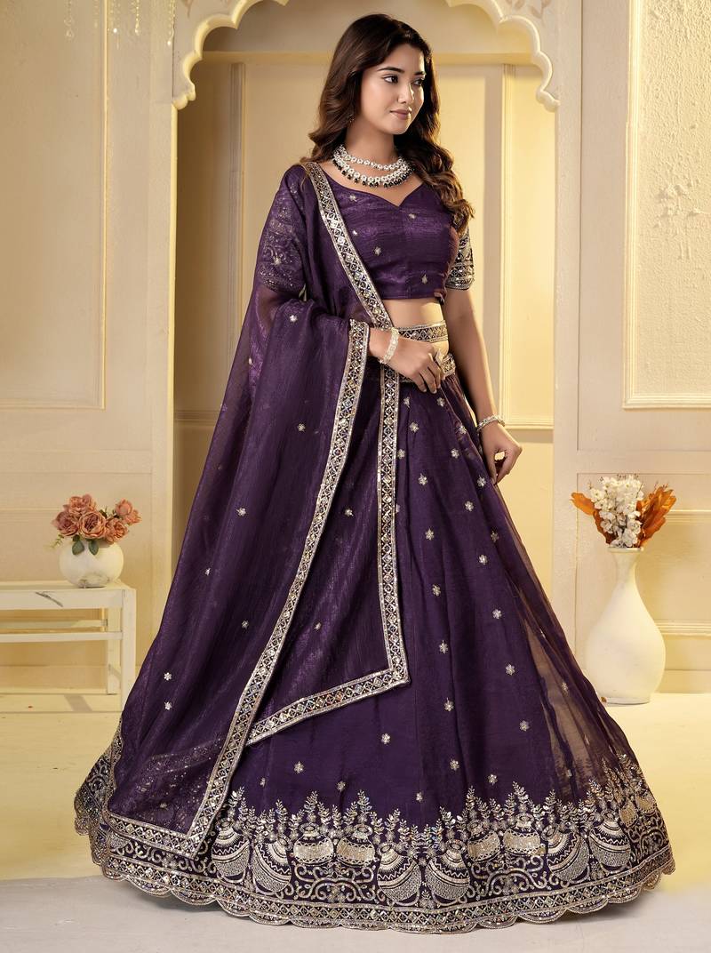 Wine Crunchy Silk Embroidered Lehenga Choli Set 