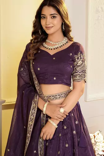 Wine Crunchy Silk Embroidered Lehenga Choli Set 