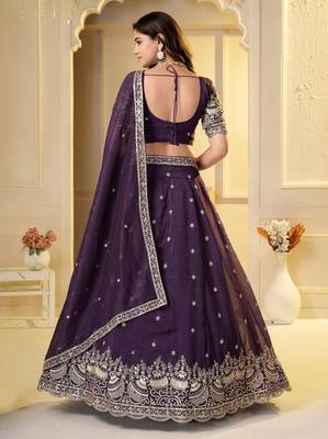Wine Crunchy Silk Embroidered Lehenga Choli Set  5