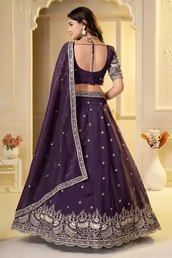 Wine Crunchy Silk Embroidered Lehenga Choli Set 