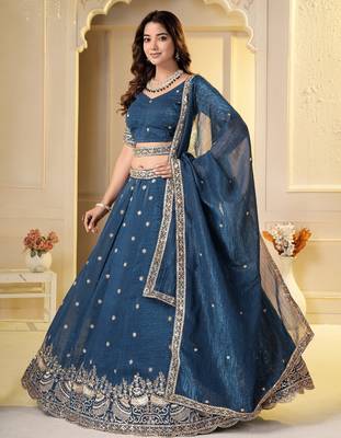 Teal Crunchy Silk Embroidered Lehenga Choli Set  1