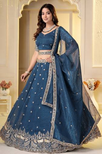 Teal Crunchy Silk Embroidered Lehenga Choli Set 