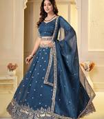 Teal Crunchy Silk Embroidered Lehenga Choli Set 