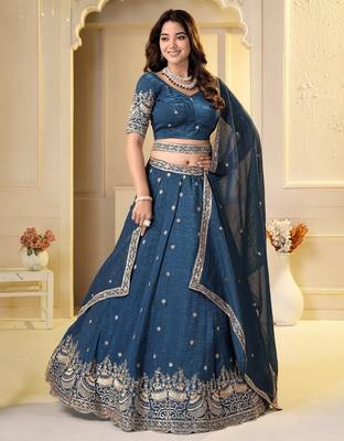 Teal Crunchy Silk Embroidered Lehenga Choli Set  2